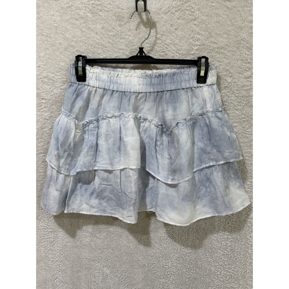 LoveShackFancy Ruffle Mini Skirt Tiered Blue/Gray White Tie Dye Size Small Silk
